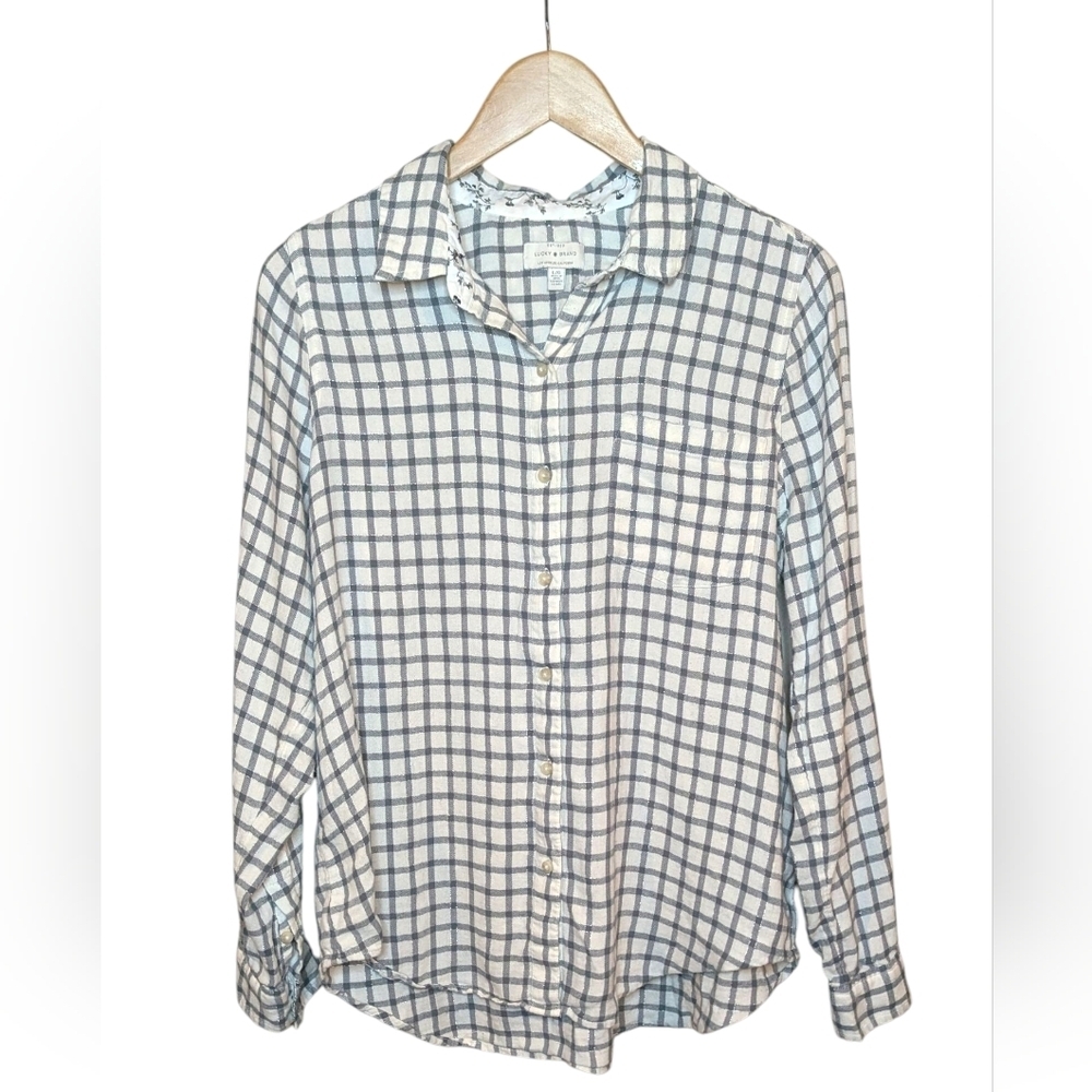 Lucky Brand Plaid Button Down Shirt Women's Large Gray Ivory Long Sleeve Cotton
